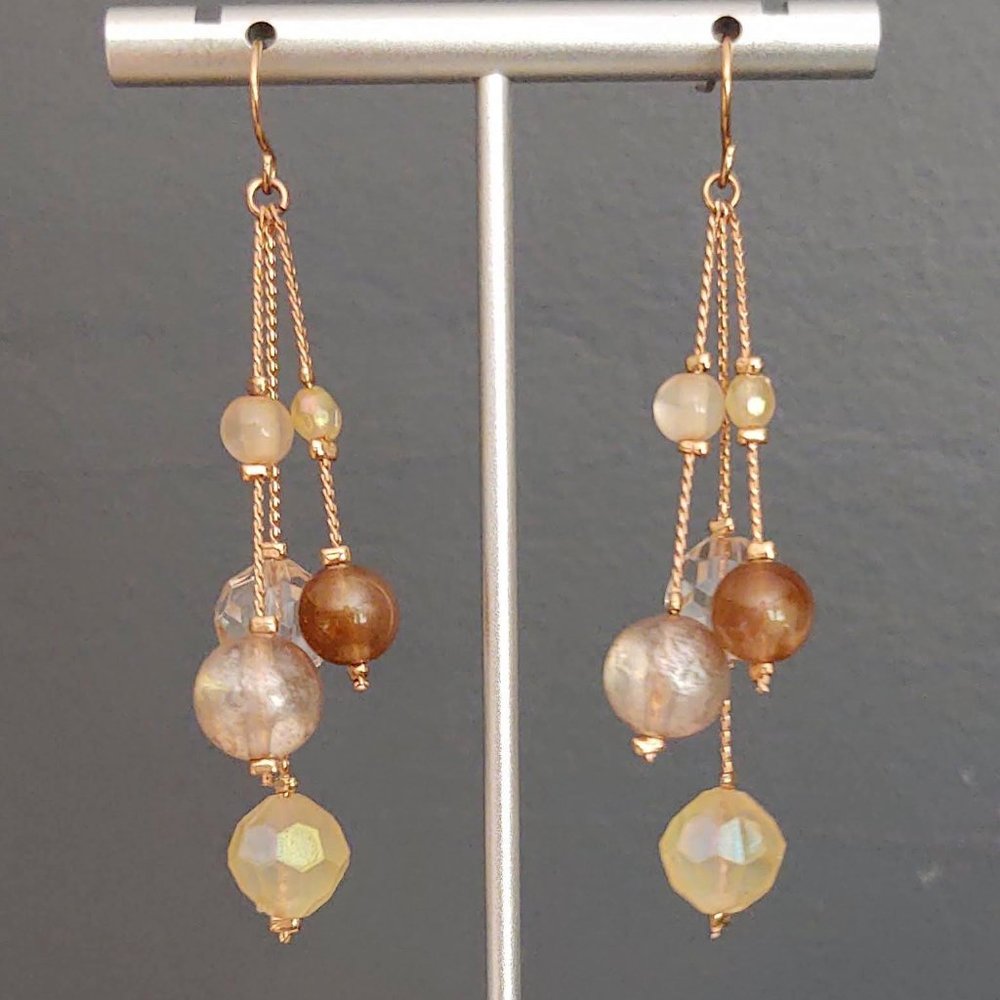 3 strand light brown, pale yellow and clear drop earrings